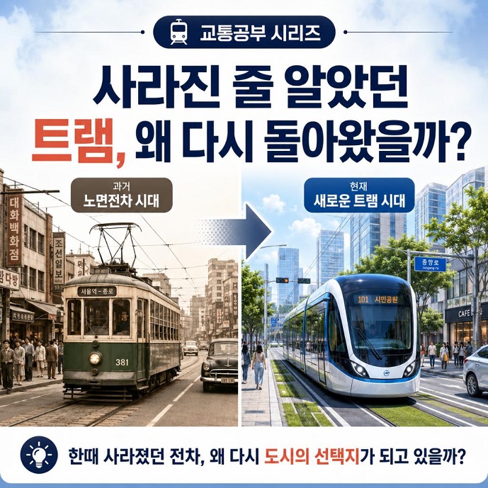 교통공부 시리즈
사라진 줄 알았던 트램, 왜 다시 돌아왔을까?
과거 노면전차 시대
현재 새로운 트램 시대
한때 사라졌던 전차, 왜 다시 도시의 선택지가 되고 있을까?