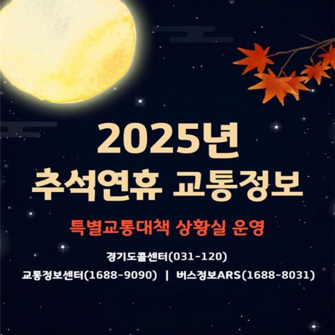 2025년 추석연휴 교통정보 특별교통대책 상황실 운영
경기도 콜센터 031-120
교통정보센터 1688-9090
버스정보 1688-8031